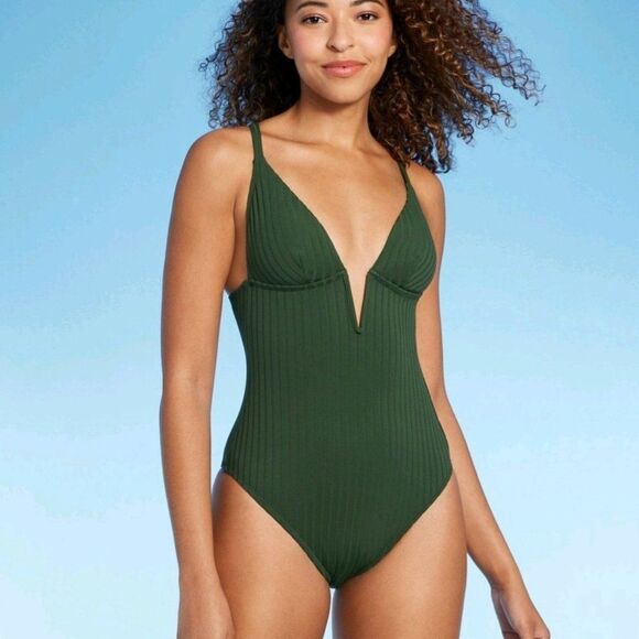 Shade & Shore Other - Women's Ribbed Plunge Front V-Wire One Piece Swimsuit - Shade & Shore Dark Green